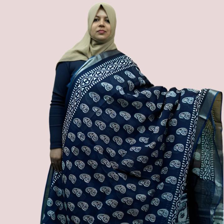 LINEN SAREE DENIM BLUE FT 1049
